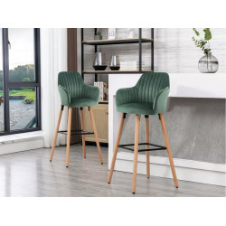 Tabouret de bar en velours et pieds bois de hêtre - Vert foncé