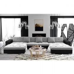 Canapé d'angle panoramique XXL en U - Gris clair/Noir - 6 places - Ferme - Tissu